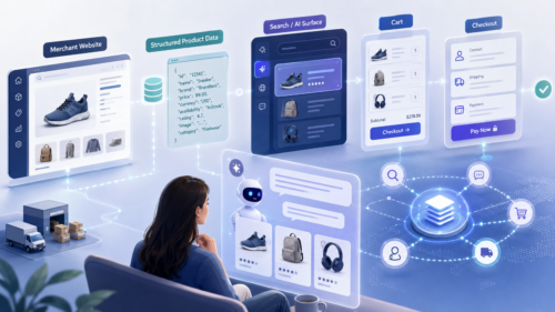 AI shopping workflow showing a merchant website, structured product data, AI search surface, cart, and checkout connected through an agentic commerce system.