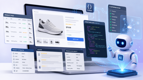 AI assistant analyzing ecommerce product data, including product feed details, structured data, reviews, pricing, availability, and schema markup.