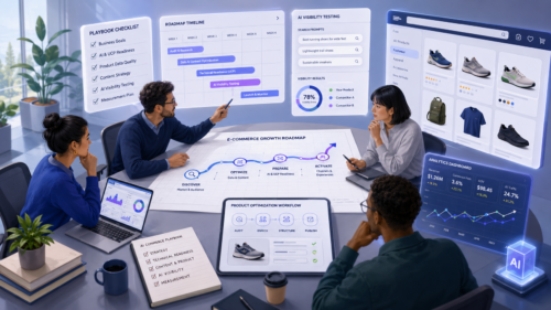 Digital marketing team planning an AI commerce readiness roadmap with checklists, timelines, ecommerce dashboards, product optimization workflows, and AI visibility testing.
